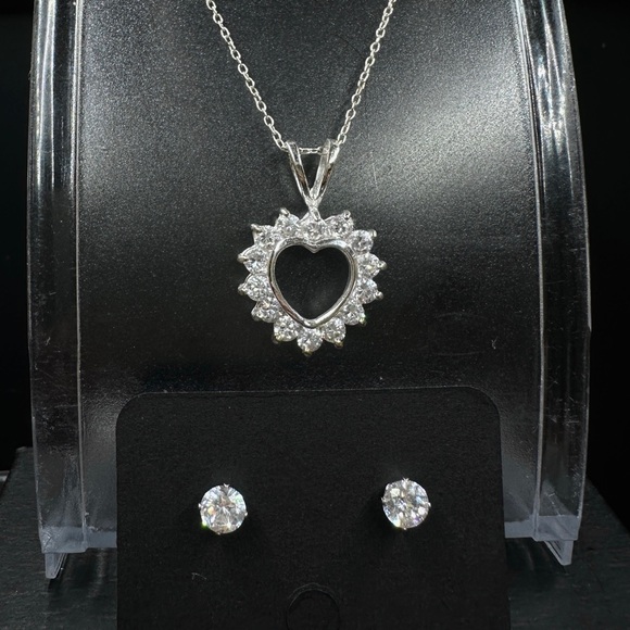 Sterling Silver Heart Pendant CZ Diamond Necklace Stud Earring Bundle 925 Italy - Picture 2 of 7